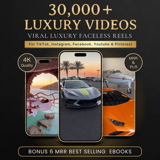 Image showing a preview of 30,000+ luxury-themed faceless reels organized by niche