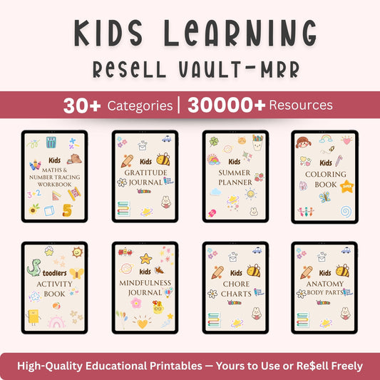 Preview image showing variety of worksheets, games and flashcards in the 30,000+ kids activity bundle