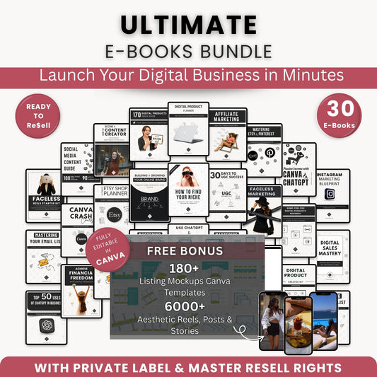 Cover image of a 30+ digital business eBook bundle with marketing and passive income topics